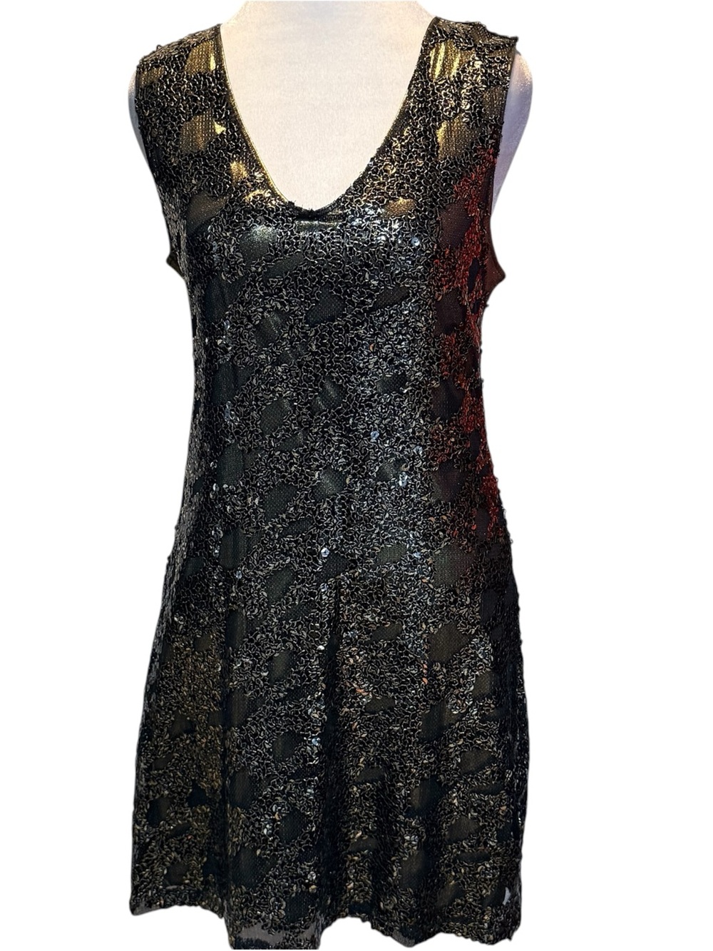 VTG Express Y2K Black Gold Sequin Overlay Mini Dress NWT Deadstock Small
